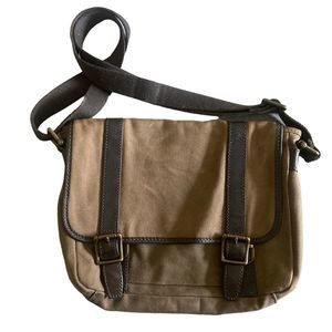 Fossil Unisex Khaki Canvas Leather Crossbody Messenger Laptop Bag Brass Trim